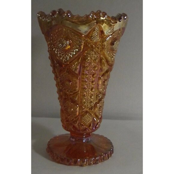 Imperial Glass Ohio Vase Footed Amber Carnival 6-1/4" Daisy and Button gold - Picture 4 of 12